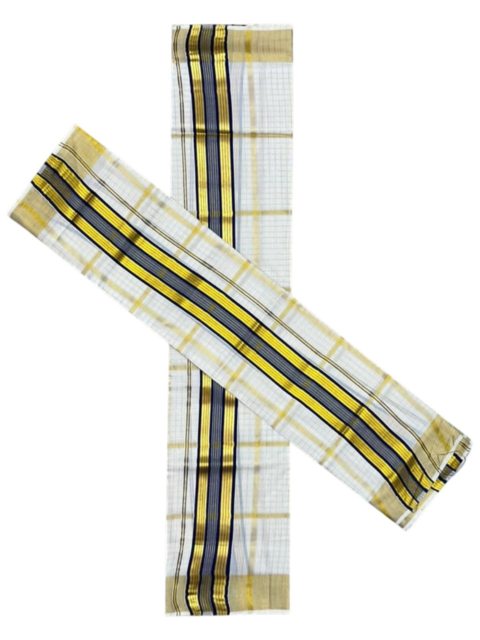 Southloom Pure Cotton Set Mundu with Gold Kasavu Check Across Body in Blue SL399