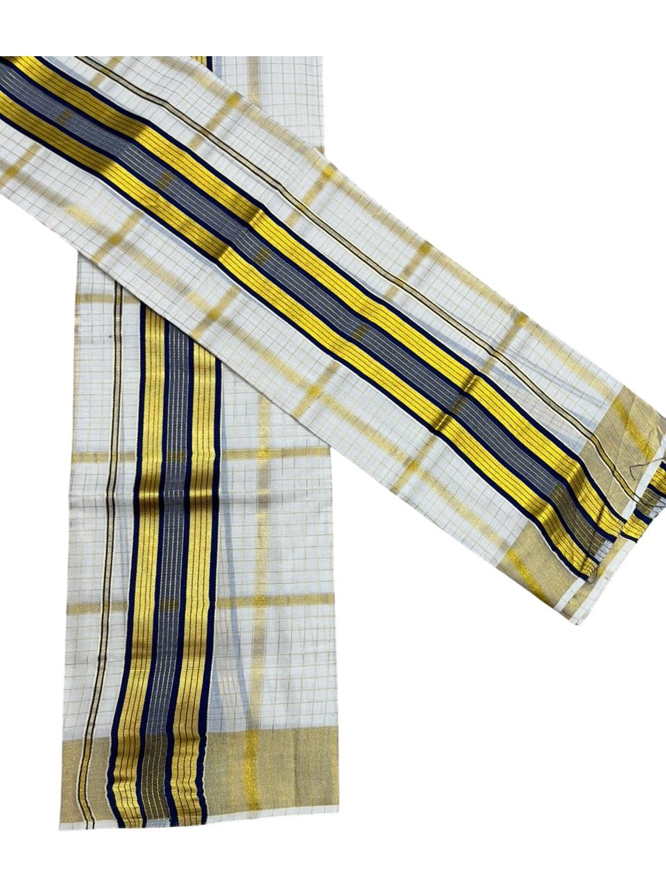 Southloom Pure Cotton Set Mundu with Gold Kasavu Check Across Body in Blue SL399