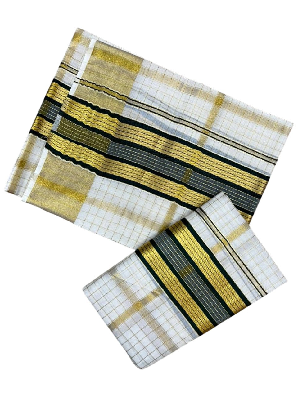 Southloom Pure Cotton Set Mundu with Gold Kasavu Check Across Body in Green SL399