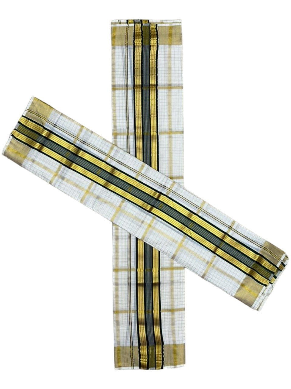 Southloom Pure Cotton Set Mundu with Gold Kasavu Check Across Body in Green SL399