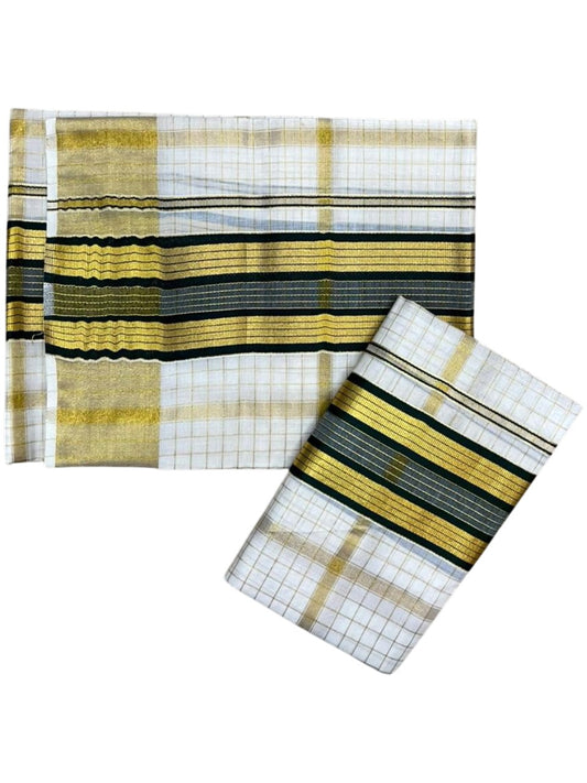Southloom Pure Cotton Set Mundu with Gold Kasavu Check Across Body in Green SL399