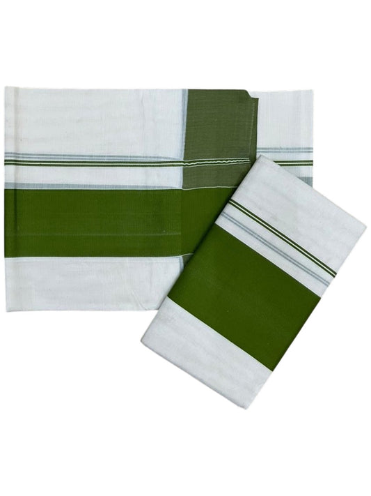 Southloom Kerala Cotton Mundum Neriyathum Single (Set Mundu) with Katti Kara in Olive Green 2.80 Mtrs SL004