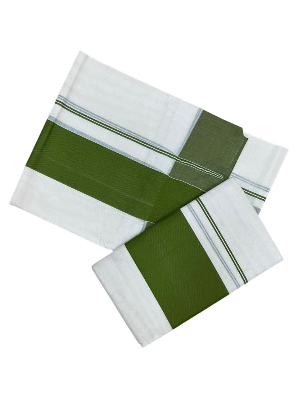 Southloom Kerala Cotton Mundum Neriyathum Single (Set Mundu) with Katti Kara in Olive Green 2.80 Mtrs SL004