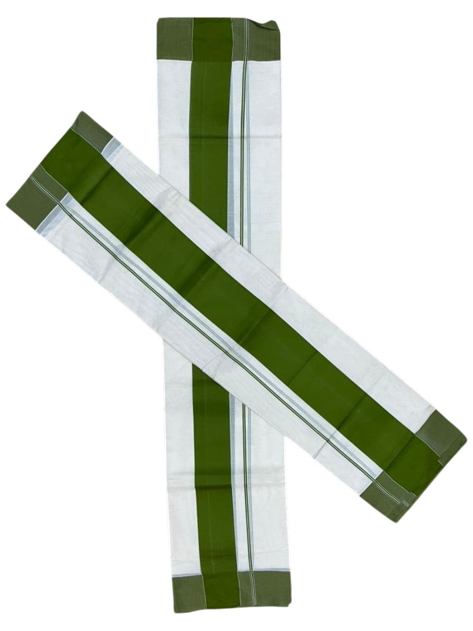 Southloom Kerala Cotton Mundum Neriyathum Single (Set Mundu) with Katti Kara in Olive Green 2.80 Mtrs SL004