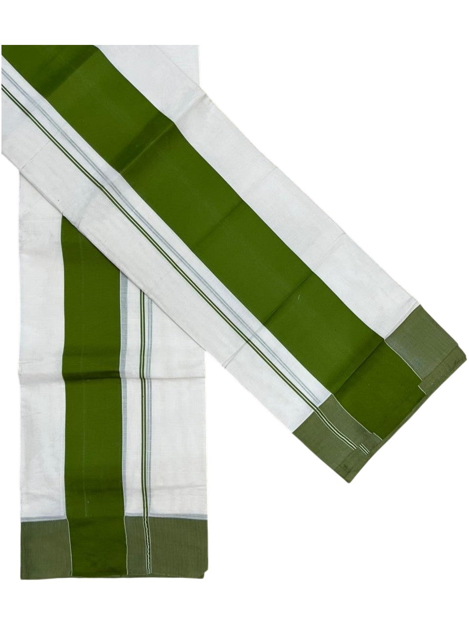 Southloom Kerala Cotton Mundum Neriyathum Single (Set Mundu) with Katti Kara in Olive Green 2.80 Mtrs SL004