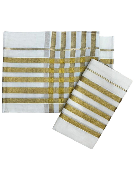 Kerala Cotton Plain Single Set Mundu (Mundum Neriyathum) with Golden Stripes on Border in 2.80 Mtrs SL400