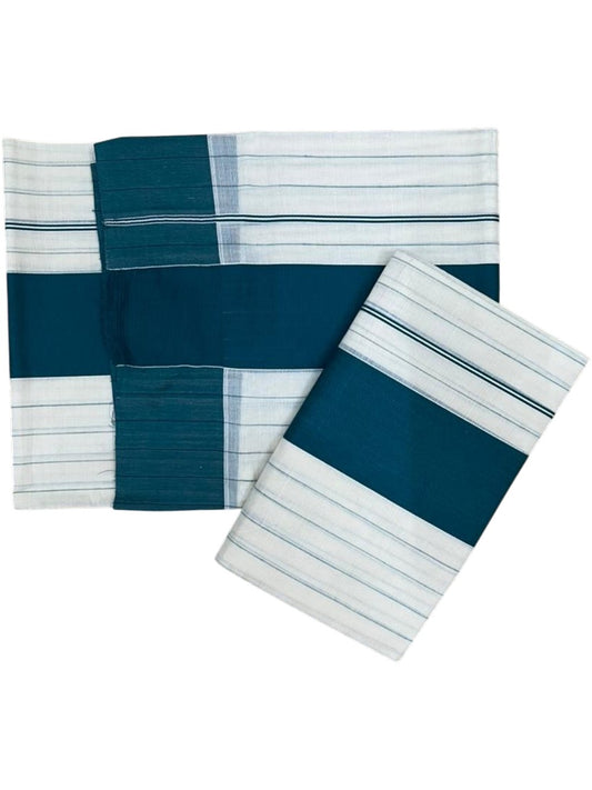 Southloom Pure Cotton Kerala Single Set Mundu (Mundum Neriyathum) with Stripes Design in Peacock Blue 2.80 Mtrs SL355