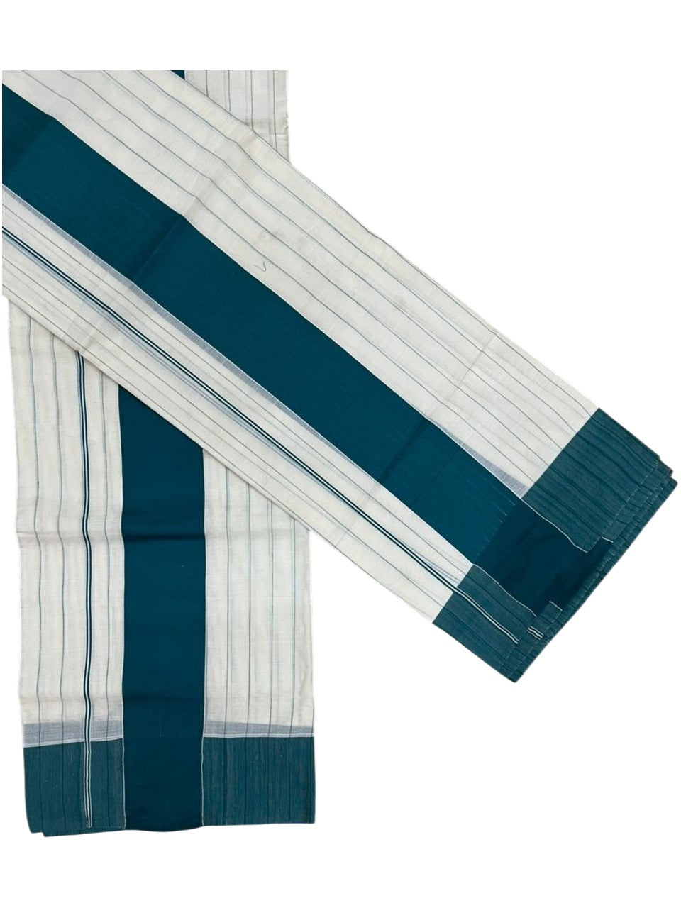 Southloom Pure Cotton Kerala Single Set Mundu (Mundum Neriyathum) with Stripes Design in Peacock Blue 2.80 Mtrs SL355