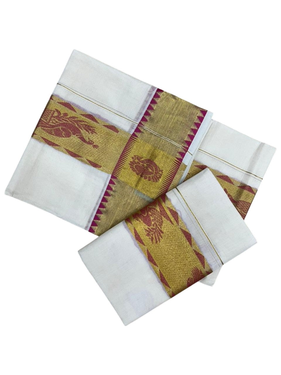 Kerala Cotton Plain Single Set Mundu (Mundum Neriyathum) with Leaf Butta Works on Body and Temple Border in Pink 2.80 Mtrs SL401