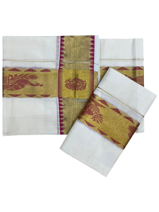 Kerala Cotton Plain Single Set Mundu (Mundum Neriyathum) with Leaf Butta Works on Body and Temple Border in Pink 2.80 Mtrs SL401