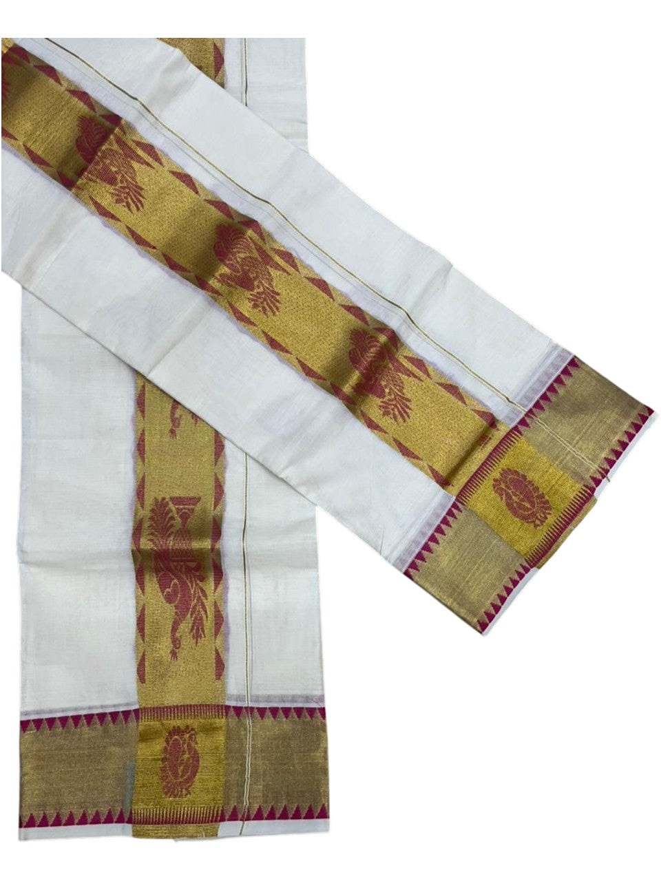 Kerala Cotton Plain Single Set Mundu (Mundum Neriyathum) with Leaf Butta Works on Body and Temple Border in Pink 2.80 Mtrs SL401