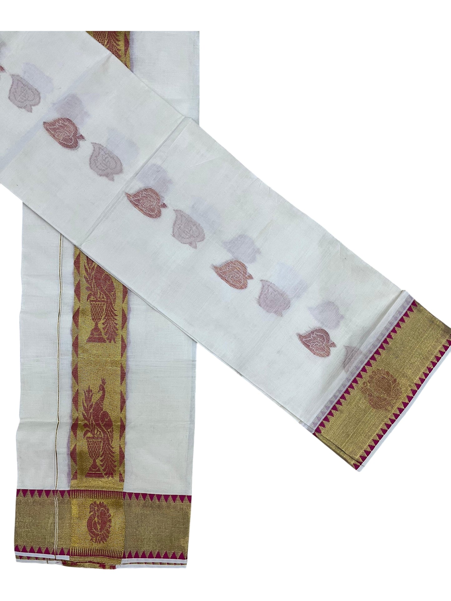 Kerala Cotton Plain Single Set Mundu (Mundum Neriyathum) with Leaf Butta Works on Body and Temple Border in Pink 2.80 Mtrs SL401