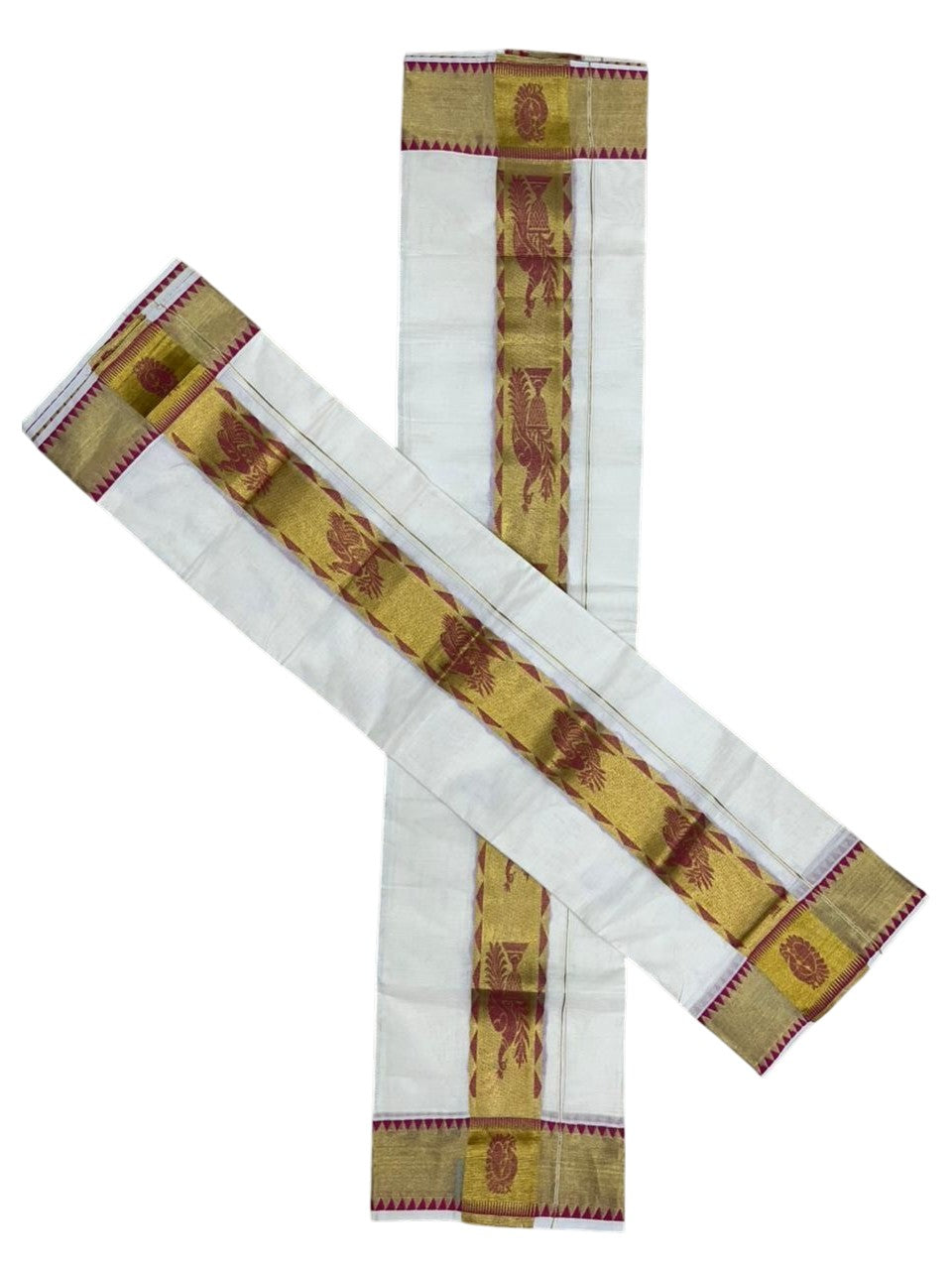 Kerala Cotton Plain Single Set Mundu (Mundum Neriyathum) with Leaf Butta Works on Body and Temple Border in Pink 2.80 Mtrs SL401