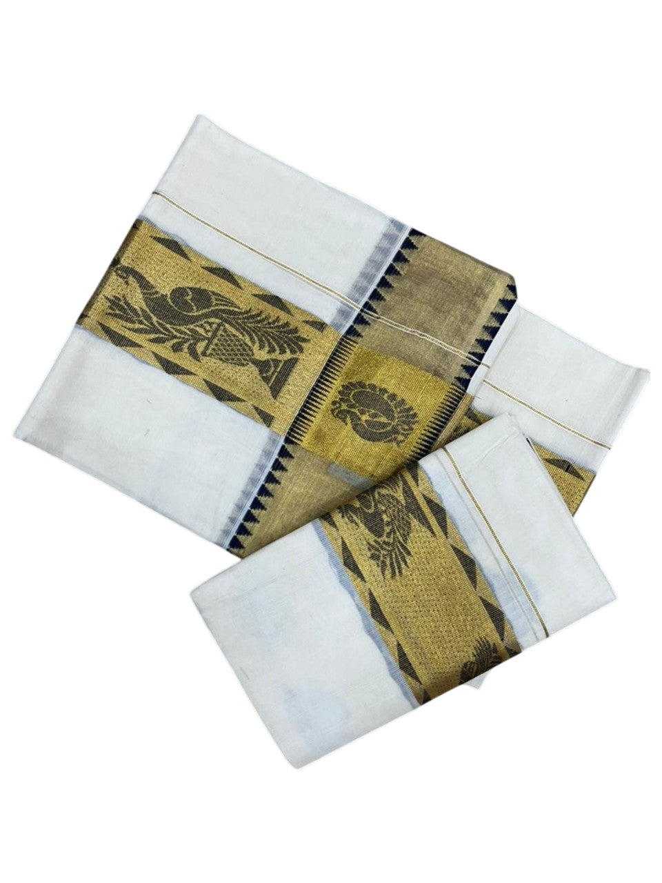 Kerala Cotton Plain Single Set Mundu (Mundum Neriyathum) with Leaf Butta Works on Body and Temple Border in Blue 2.80 Mtrs SL401