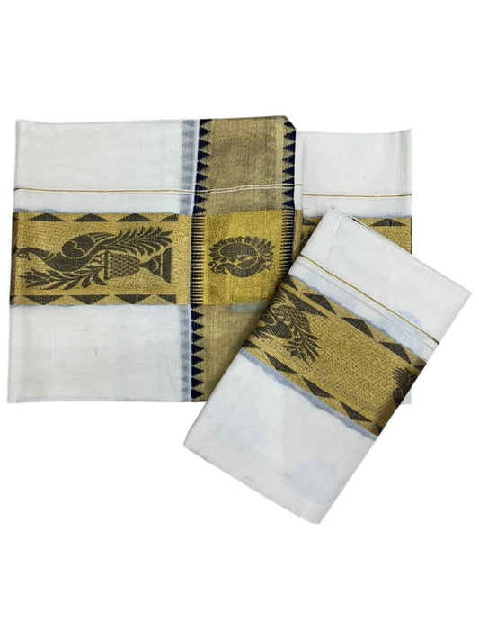 Kerala Cotton Plain Single Set Mundu (Mundum Neriyathum) with Leaf Butta Works on Body and Temple Border in Blue 2.80 Mtrs SL401
