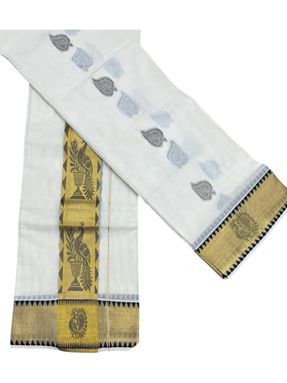 Kerala Cotton Plain Single Set Mundu (Mundum Neriyathum) with Leaf Butta Works on Body and Temple Border in Blue 2.80 Mtrs SL401