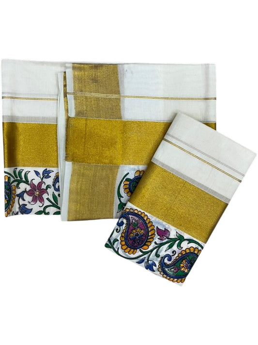 Southloom Pure Cotton Set Mundu with Gold Kasavu and Floral Digital Print in Blue 2.80 Mtrs SL383