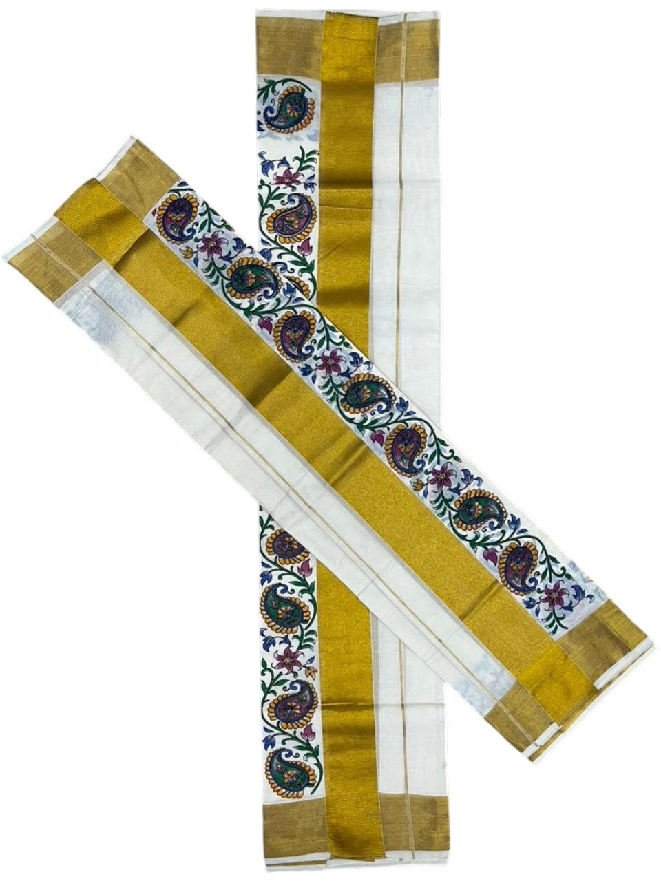 Southloom Pure Cotton Set Mundu with Gold Kasavu and Floral Digital Print in Blue 2.80 Mtrs SL383