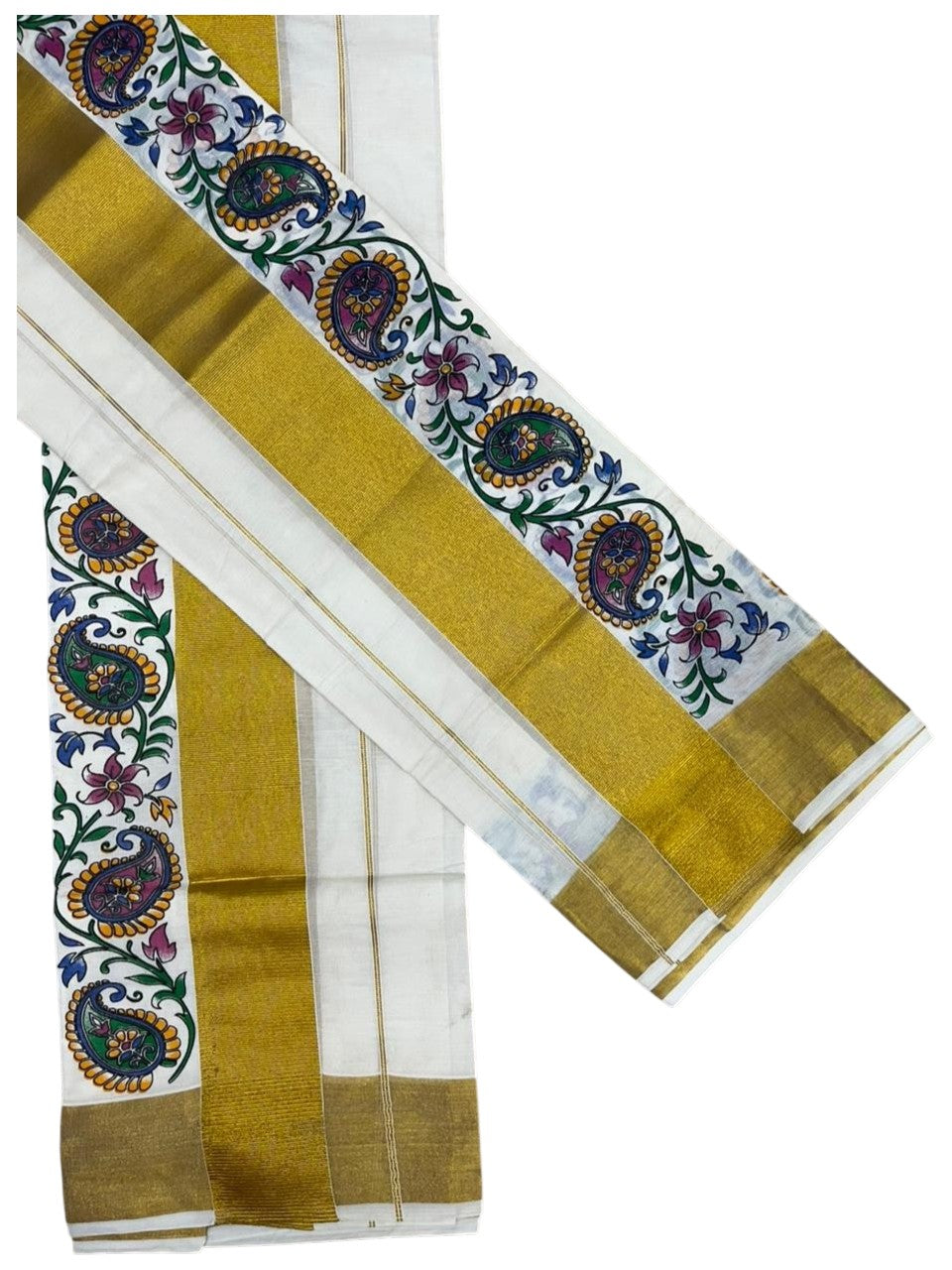 Southloom Pure Cotton Set Mundu with Gold Kasavu and Floral Digital Print in Blue 2.80 Mtrs SL383