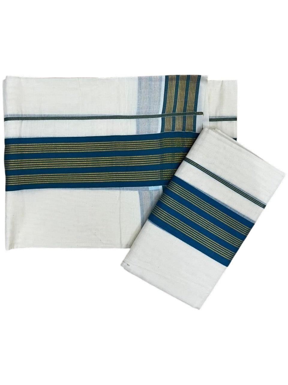 Southloom Pure Cotton Set Mundu with Gold Kasavu and Peacock Green Border in 2.80 Mtrs