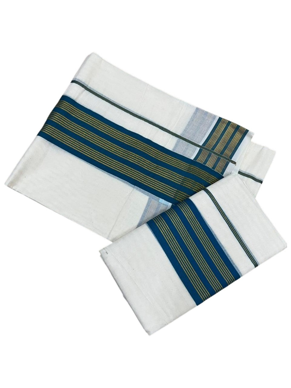 Southloom Pure Cotton Set Mundu with Gold Kasavu and Peacock Green Border in 2.80 Mtrs