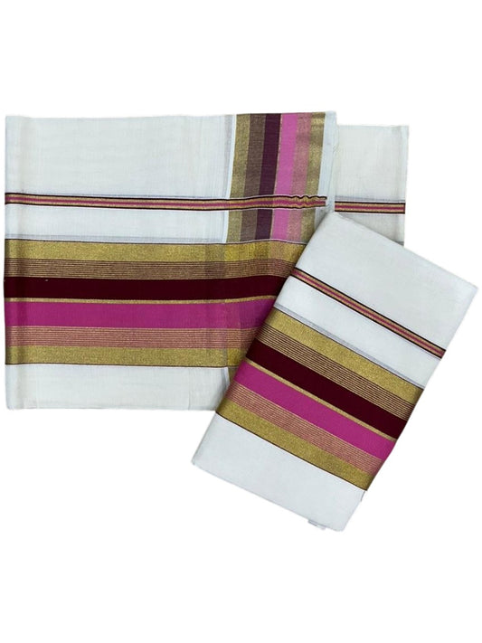 Southloom Pure Cotton Set Mundu with Gold Kasavu and Pink & Maroon Border in 2.80 Mtrs