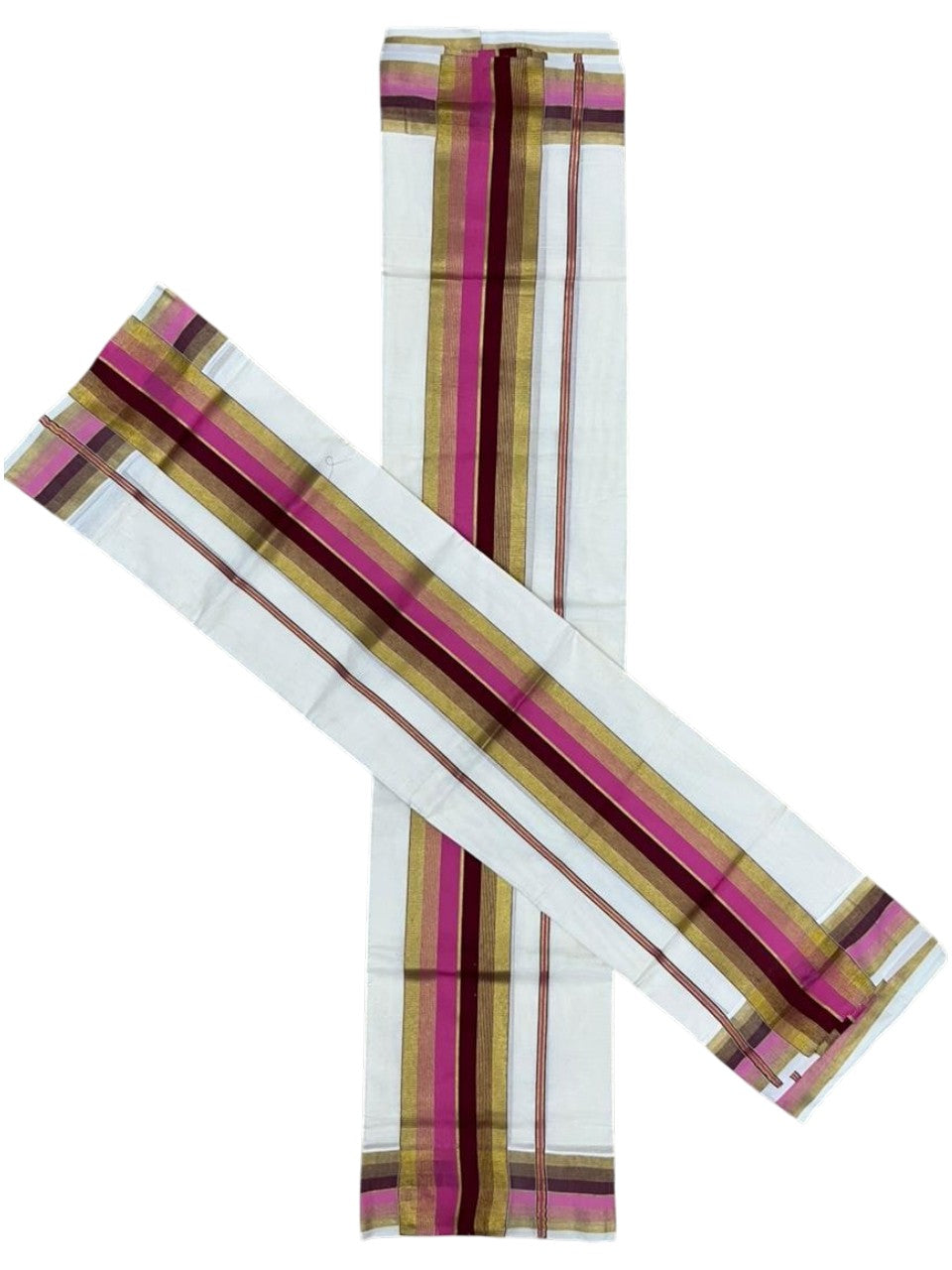 Southloom Pure Cotton Set Mundu with Gold Kasavu and Pink & Maroon Border in 2.80 Mtrs SLKK
