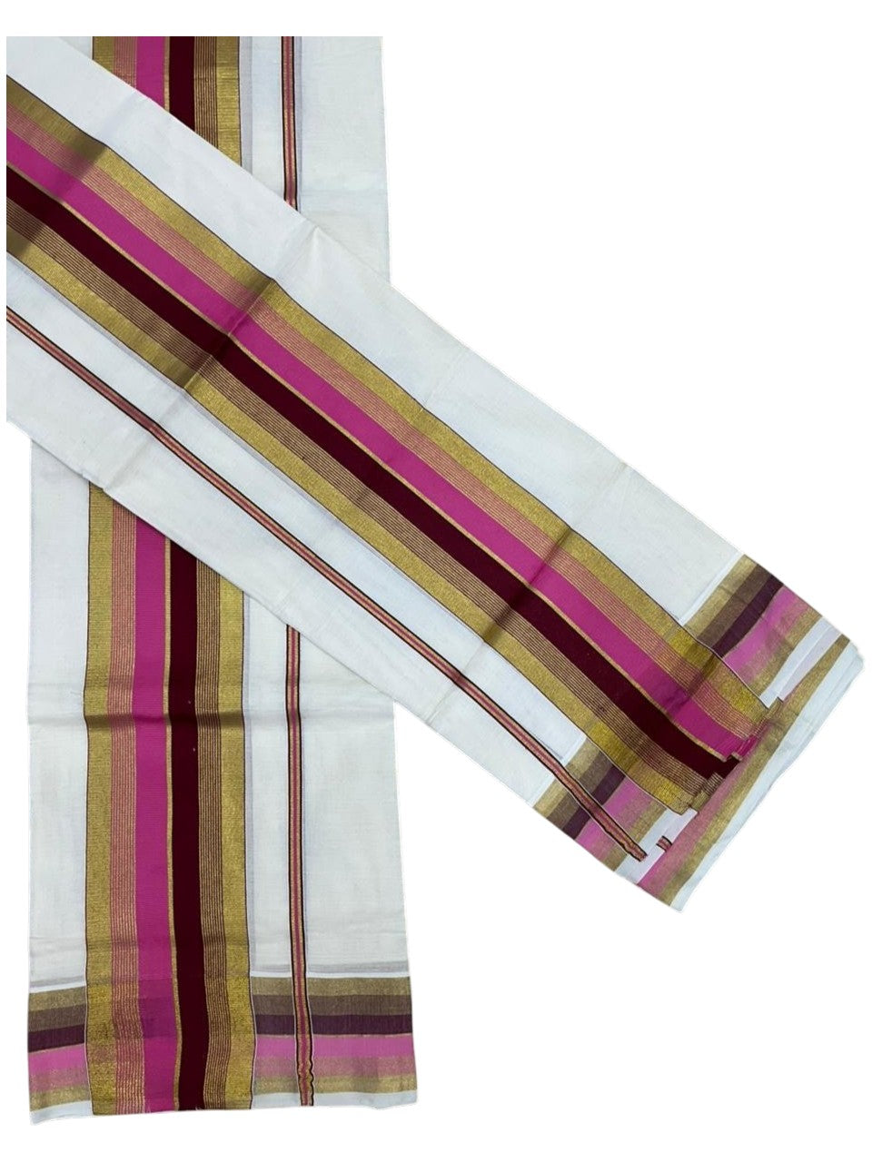 Southloom Pure Cotton Set Mundu with Gold Kasavu and Pink & Maroon Border in 2.80 Mtrs SLKK