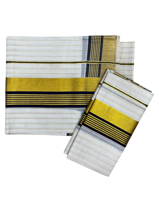 Southloom Pure Cotton Set Mundu with Stripes on Body with Gold Kasavu and Blue Border in 2.80 Mtrs