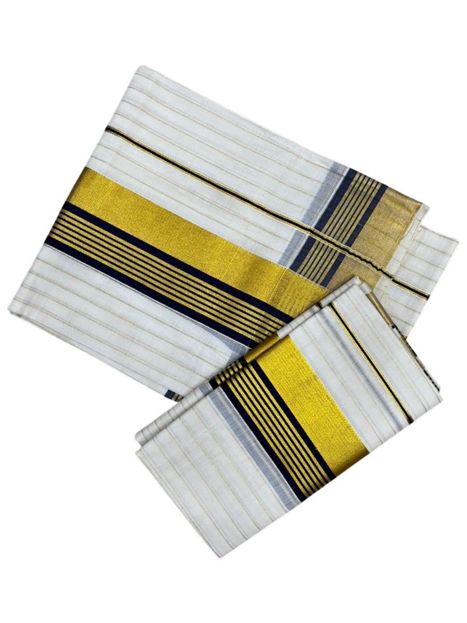 Southloom Pure Cotton Set Mundu with Stripes on Body with Gold Kasavu and Blue Border in 2.80 Mtrs