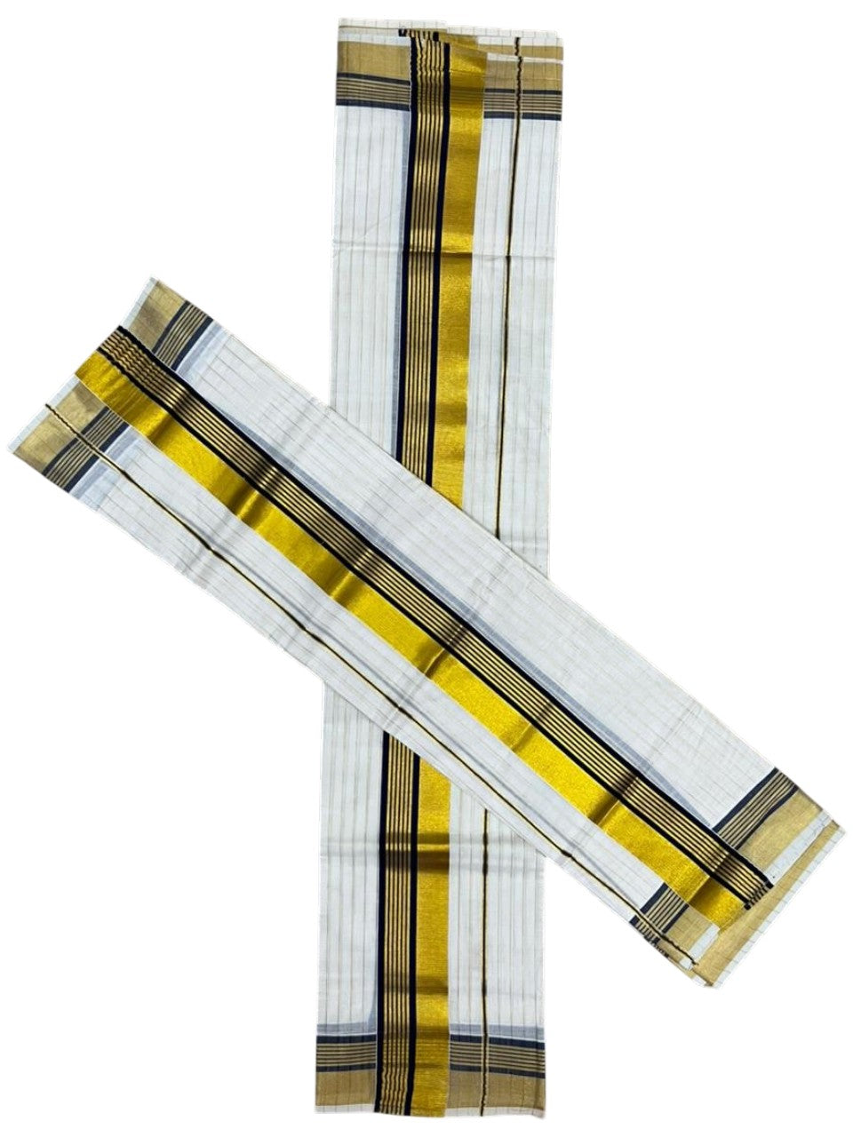 Southloom Pure Cotton Set Mundu with Stripes on Body with Gold Kasavu and Blue Border in 2.80 Mtrs