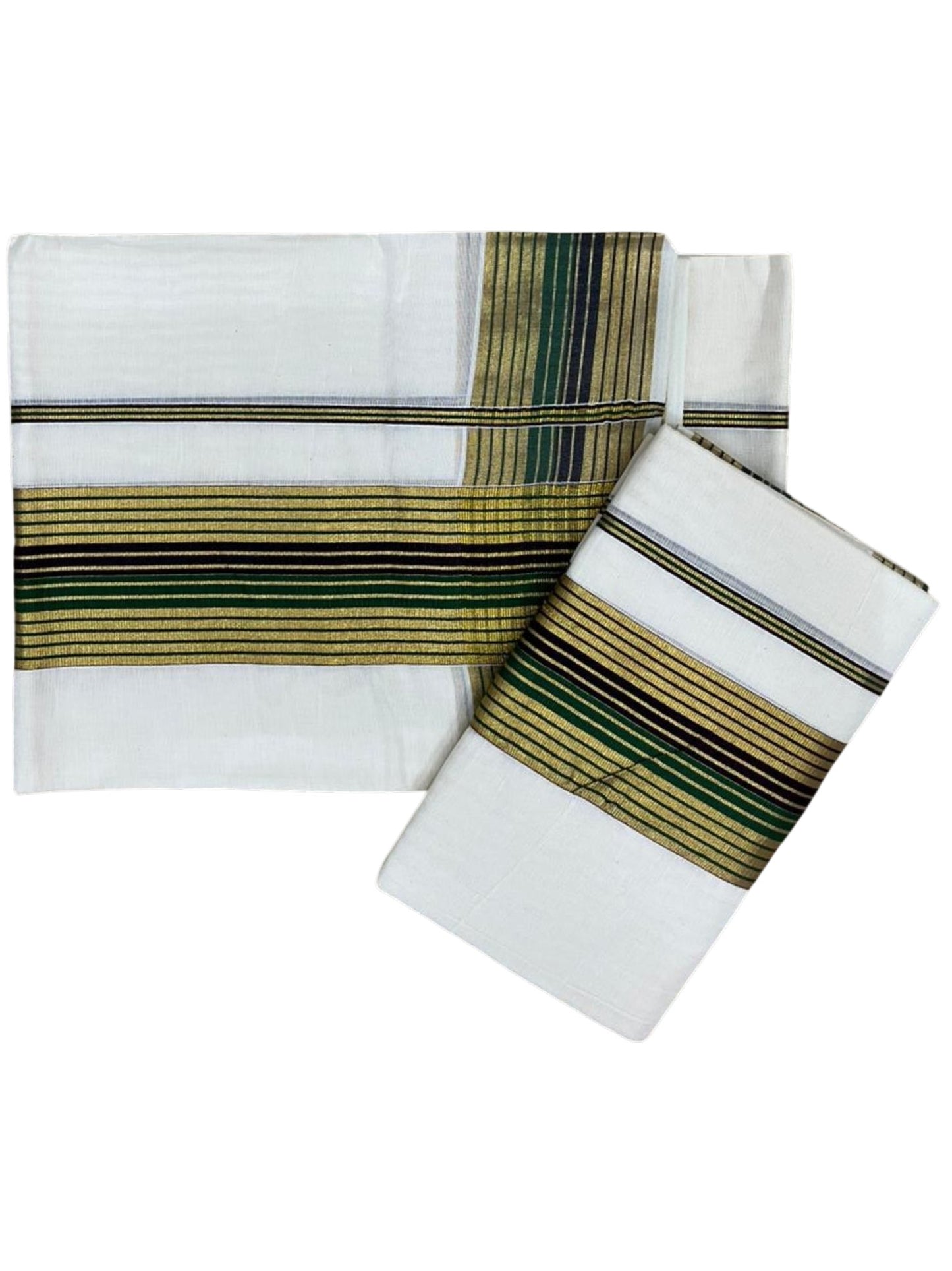 Southloom Pure Cotton Set Mundu with Gold Kasavu and Green & Black Border in 2.80 Mtrs SL403
