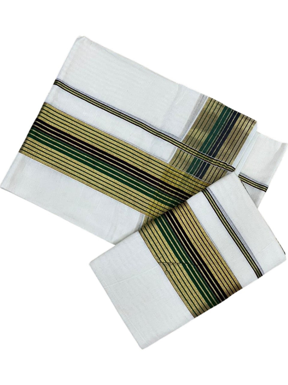 Southloom Pure Cotton Set Mundu with Gold Kasavu and Green & Black Border in 2.80 Mtrs SL403