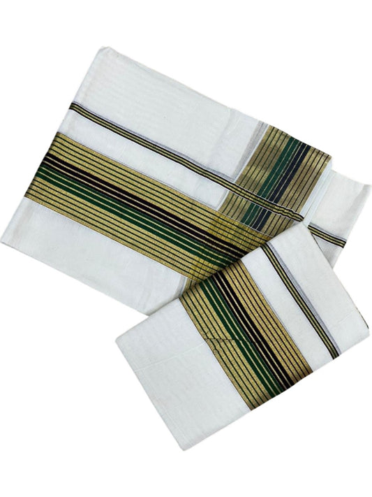 Southloom Pure Cotton Set Mundu with Gold Kasavu and Green & Black Border in 2.80 Mtrs SL403