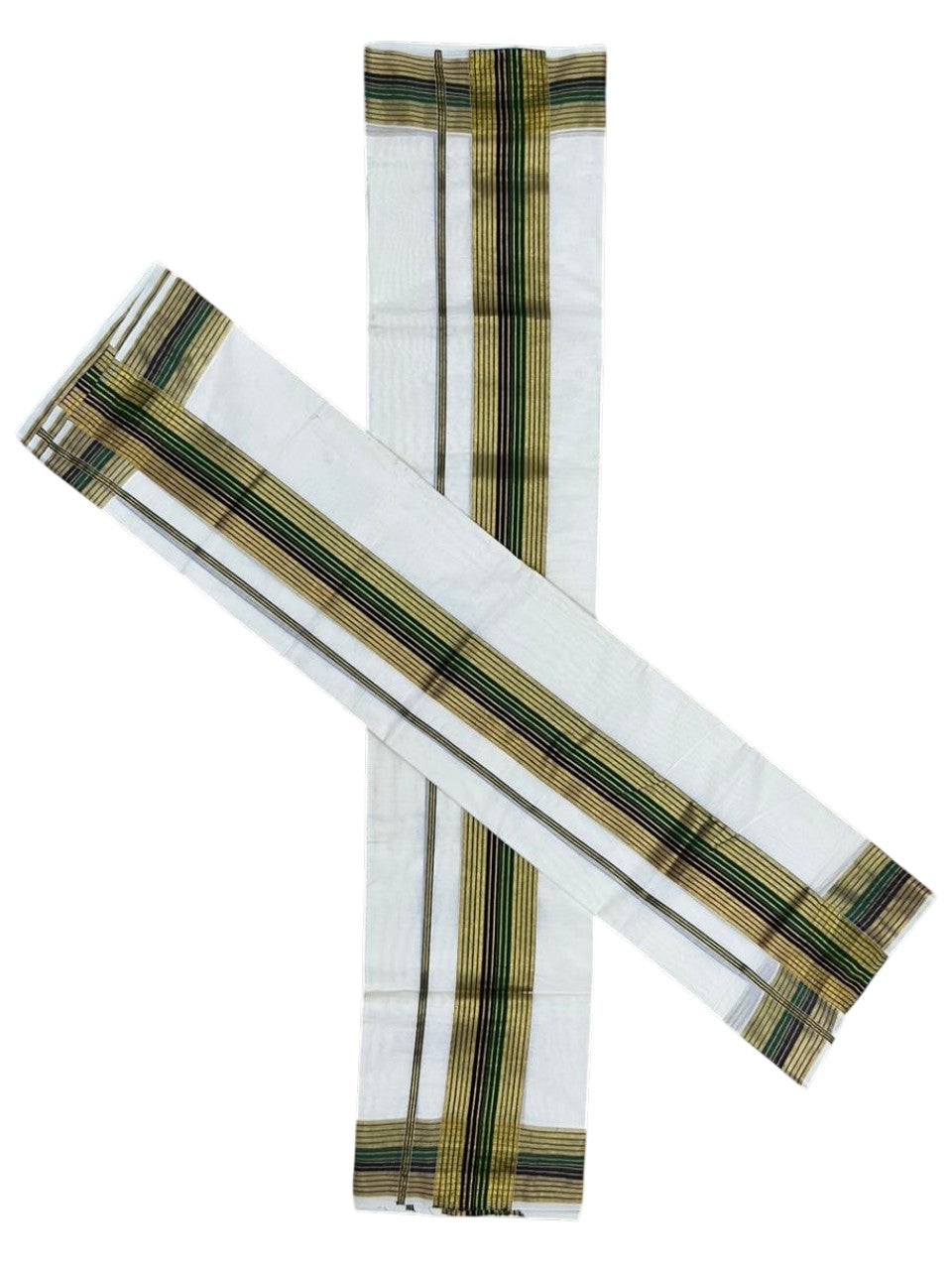 Southloom Pure Cotton Set Mundu with Gold Kasavu and Green & Black Border in 2.80 Mtrs SL403