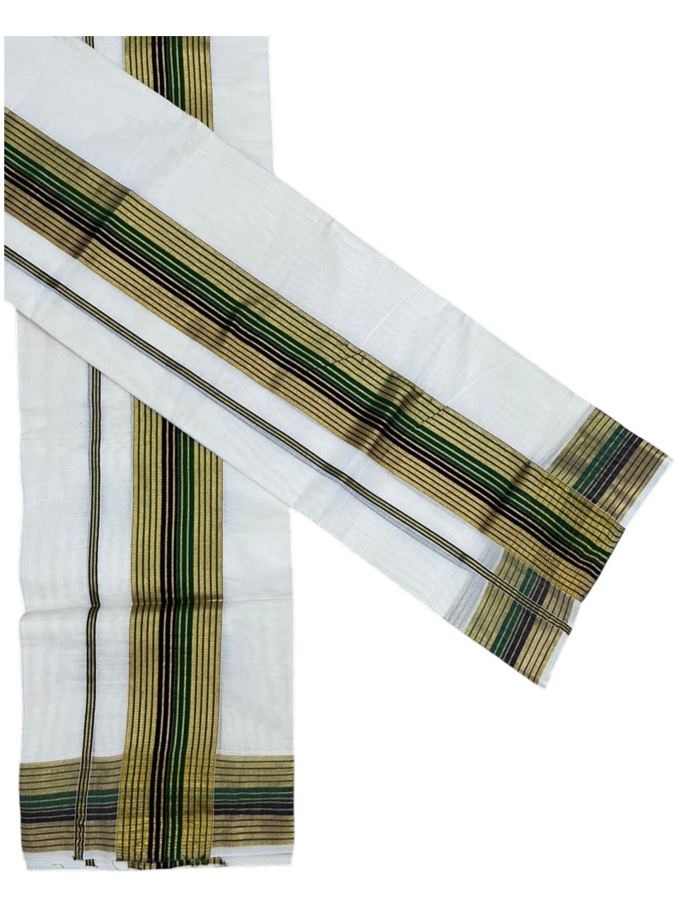 Southloom Pure Cotton Set Mundu with Gold Kasavu and Green & Black Border in 2.80 Mtrs SL403