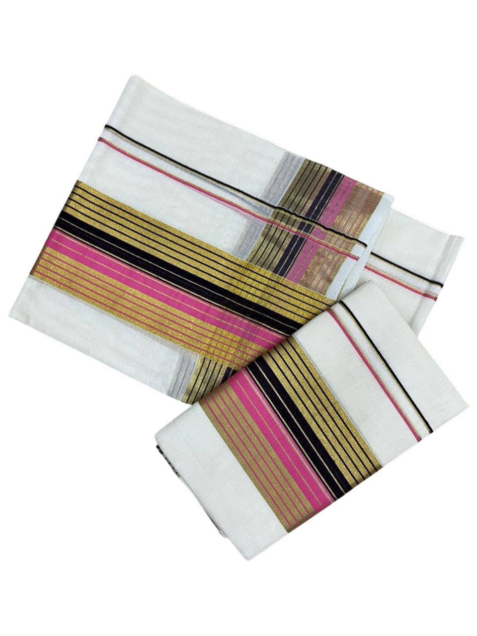 Southloom Pure Cotton Set Mundu with Gold Kasavu and Pink & Black Border in 2.80 Mtrs SL403