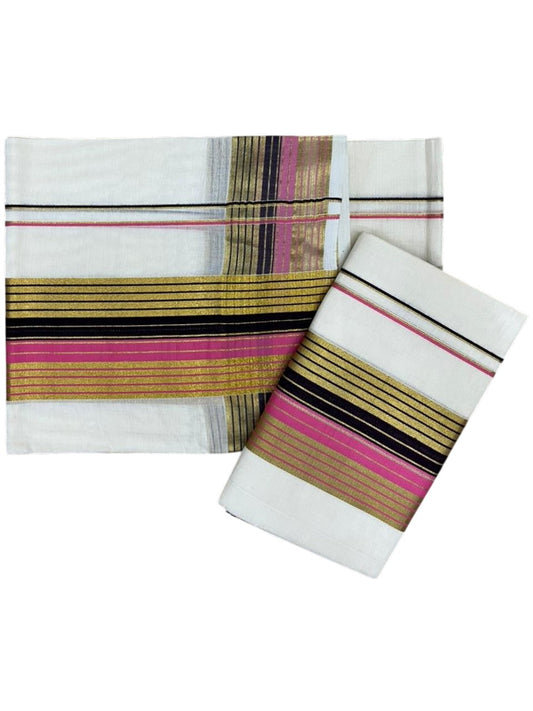 Southloom Pure Cotton Set Mundu with Gold Kasavu and Pink & Black Border in 2.80 Mtrs SL403