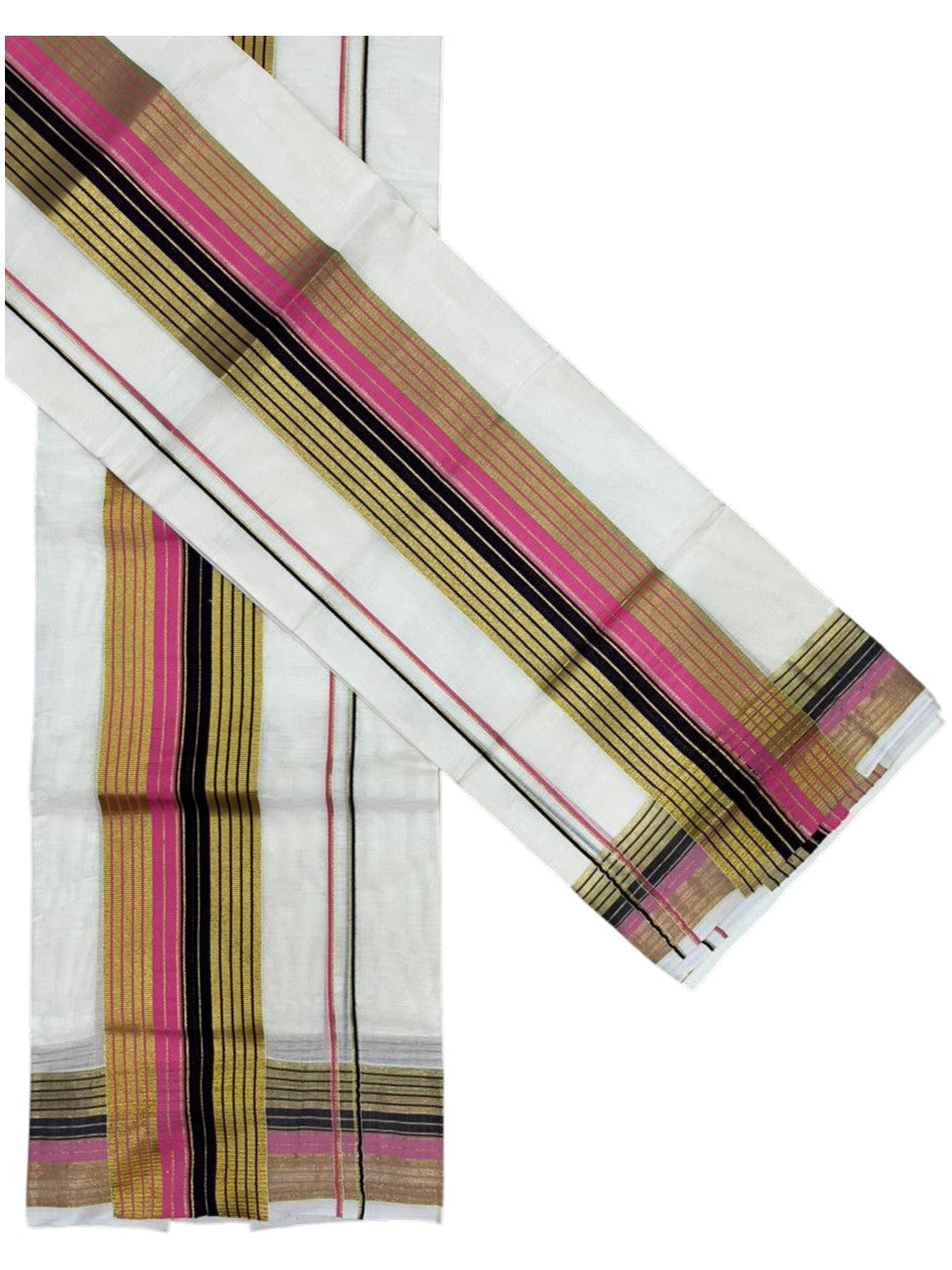 Southloom Pure Cotton Set Mundu with Gold Kasavu and Pink & Black Border in 2.80 Mtrs SL403