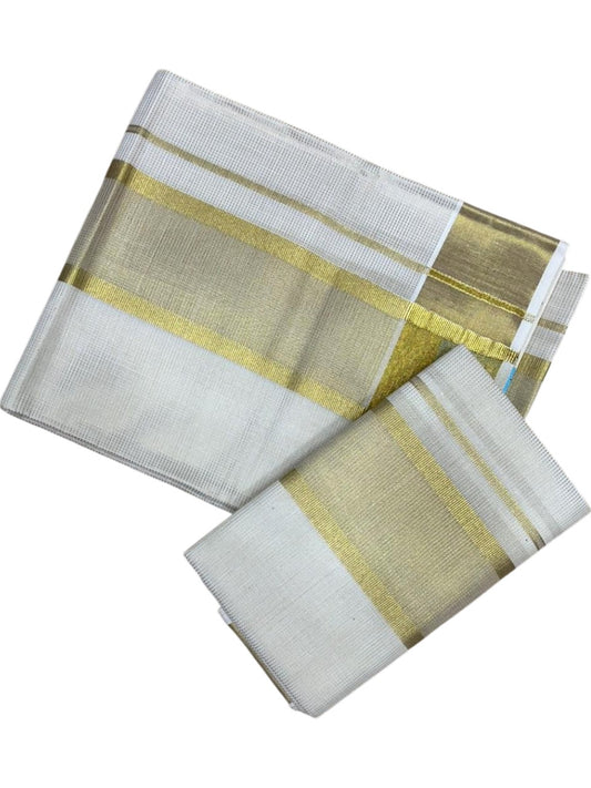 Southloom Pure Cotton Set Mundu with Gold Kasavu and Micro Stripes Across Body in 2.80 Mtrs SL405