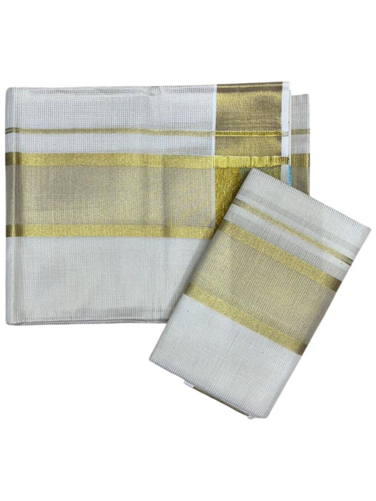 Southloom Pure Cotton Set Mundu with Gold Kasavu and Micro Stripes Across Body in 2.80 Mtrs SL405