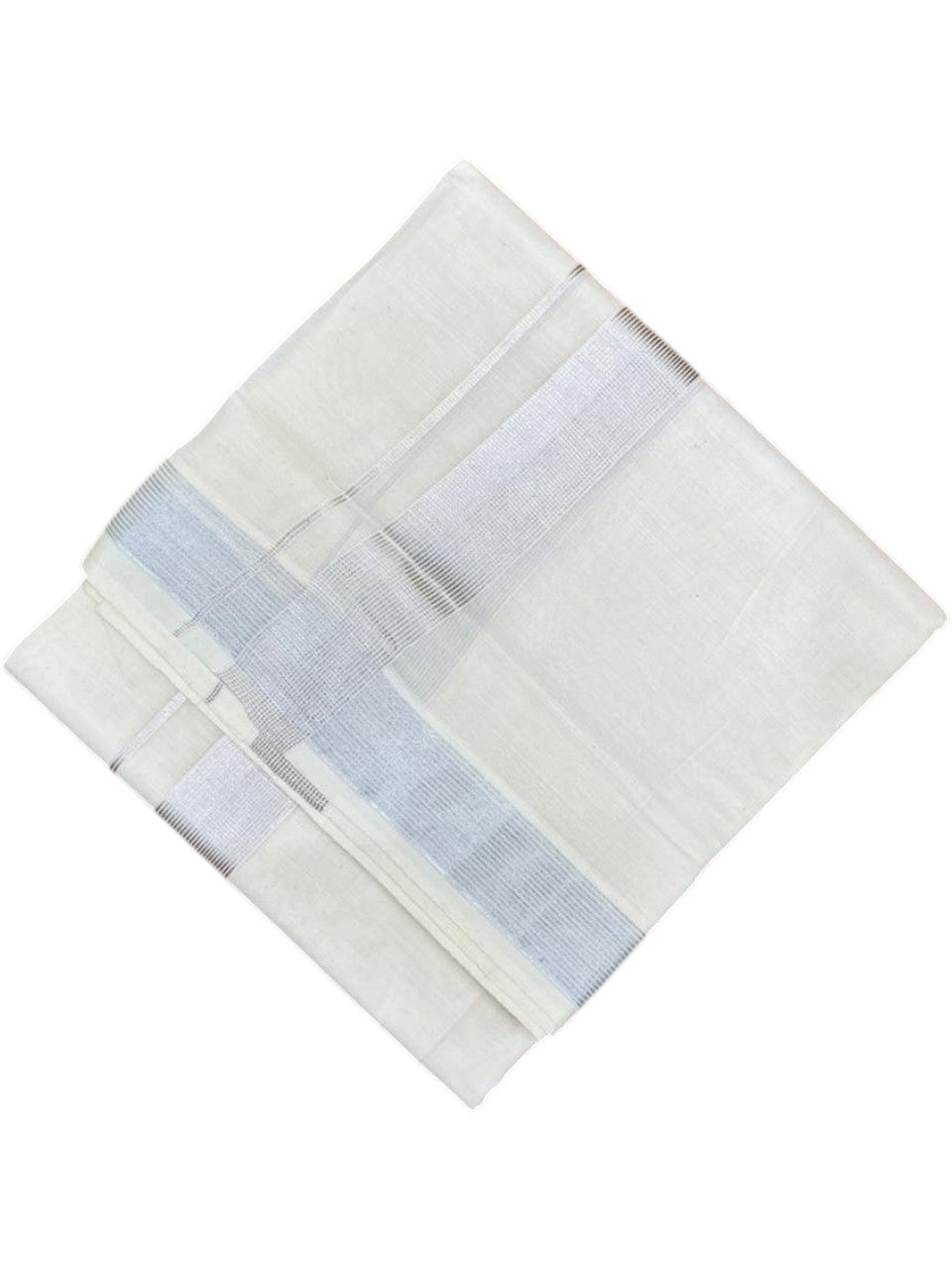 Southloom Pure Cotton Off White Double Mundu with Silver Kasavu Lines Border (South Indian Kerala Dhoti)