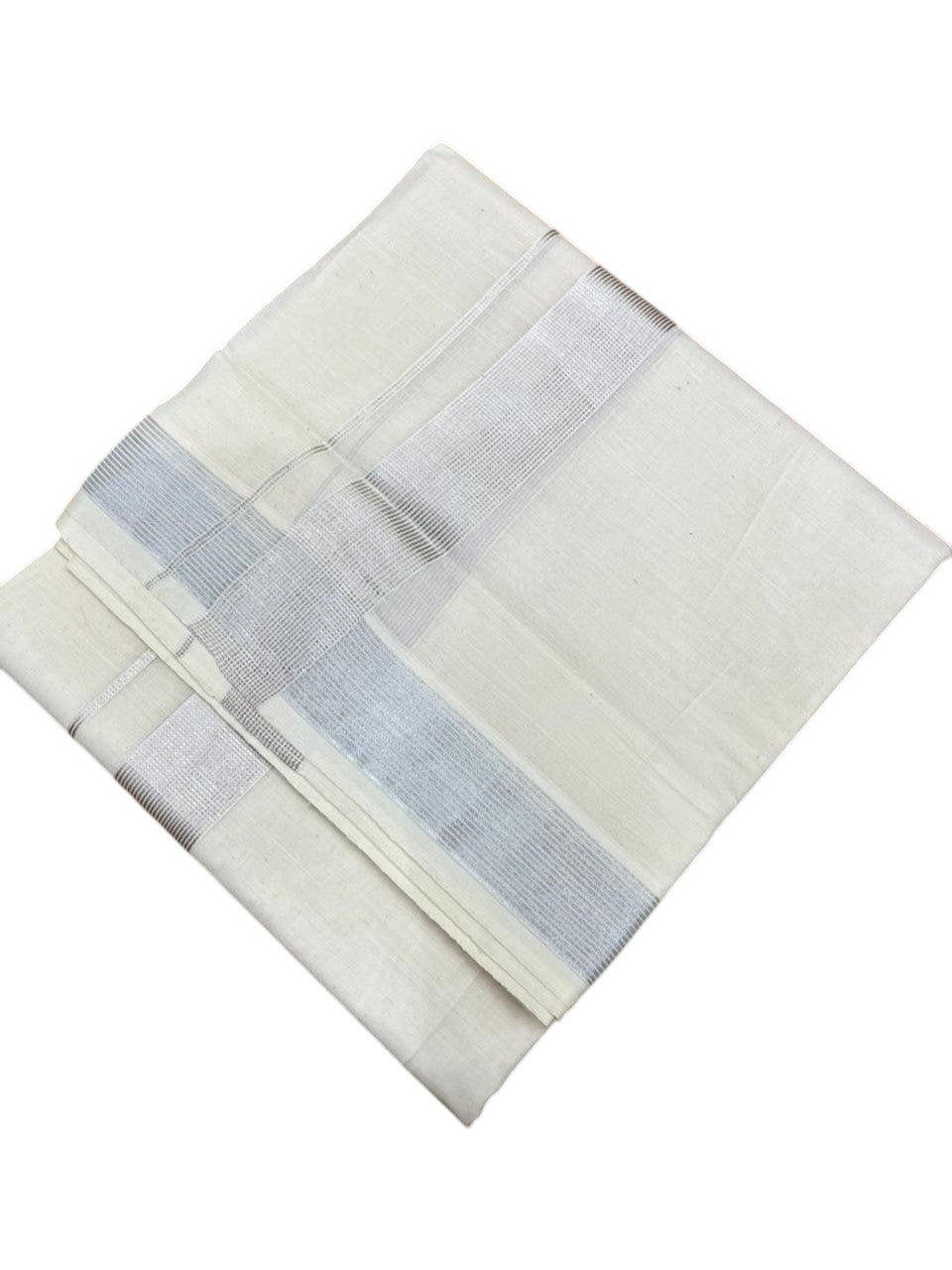 Southloom Pure Cotton Off White Double Mundu with Silver Kasavu Lines Border (South Indian Kerala Dhoti)