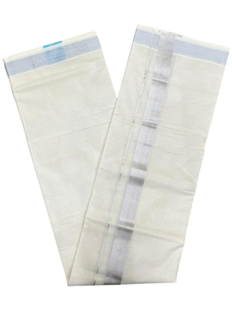 Southloom Pure Cotton Off White Double Mundu with Silver Kasavu Lines Border (South Indian Kerala Dhoti)