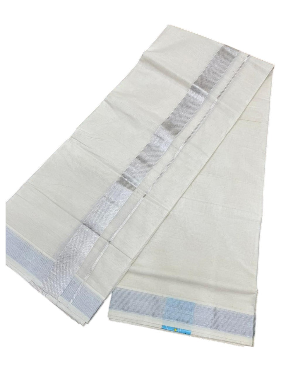 Southloom Pure Cotton Off White Double Mundu with Silver Kasavu Lines Border (South Indian Kerala Dhoti)