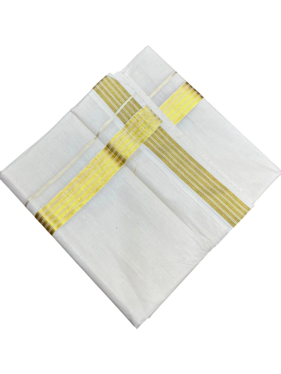Southloom Pure Cotton Off White Double Mundu with Gold Kasavu Lines Border (South Indian Kerala Dhoti)