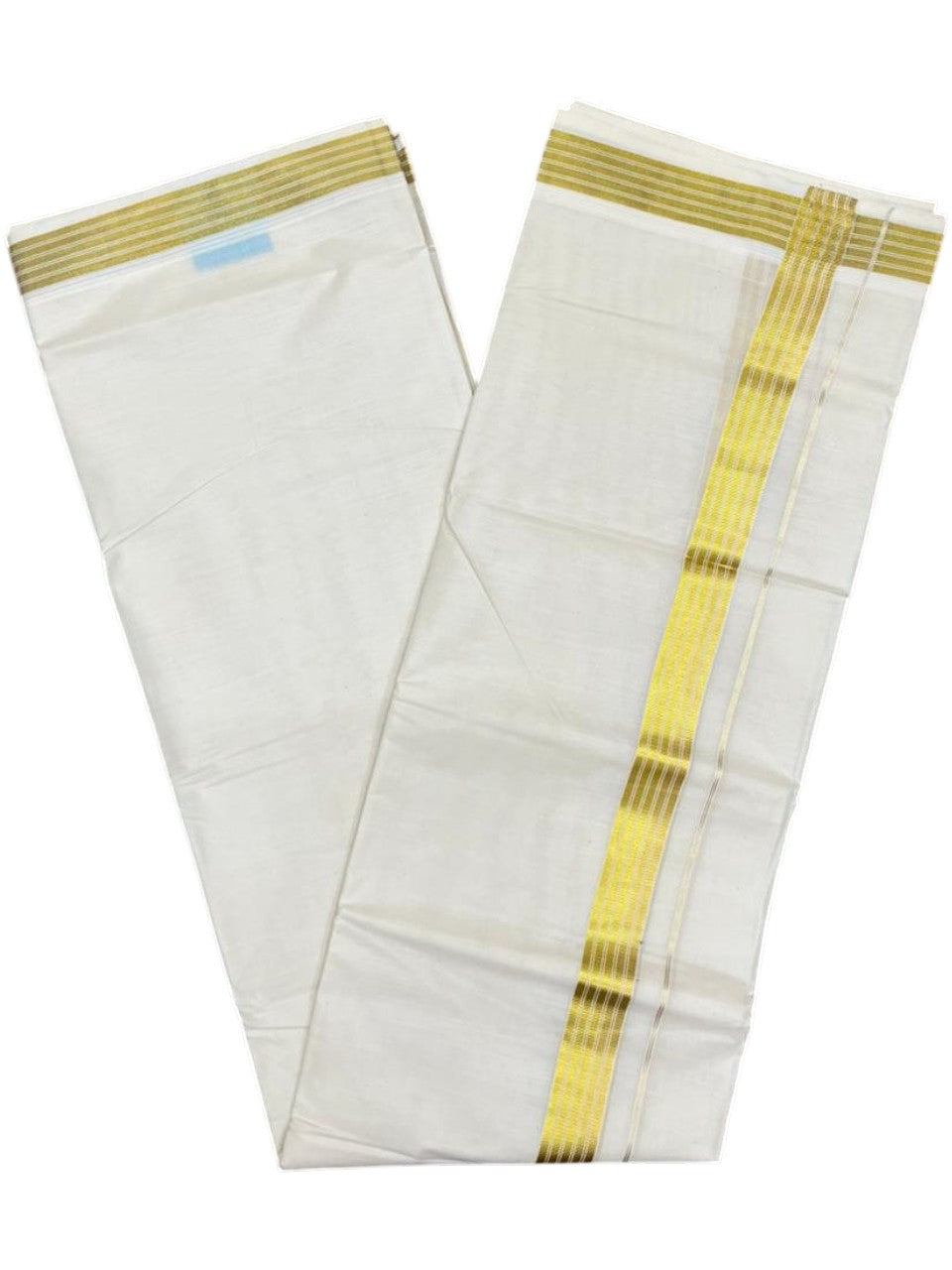 Southloom Pure Cotton Off White Double Mundu with Gold Kasavu Lines Border (South Indian Kerala Dhoti)