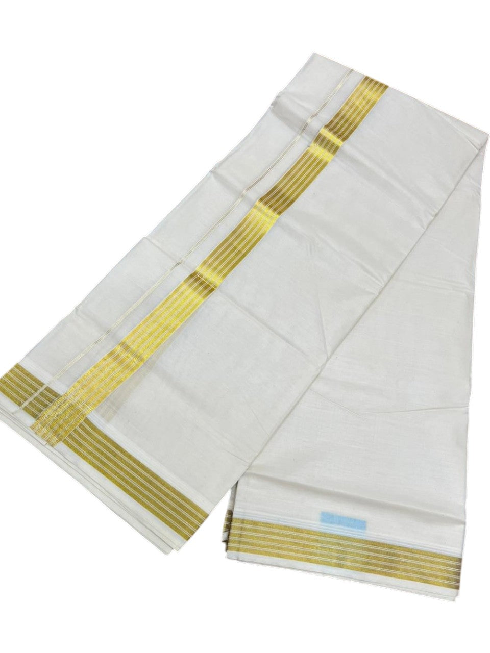 Southloom Pure Cotton Off White Double Mundu with Gold Kasavu Lines Border (South Indian Kerala Dhoti)