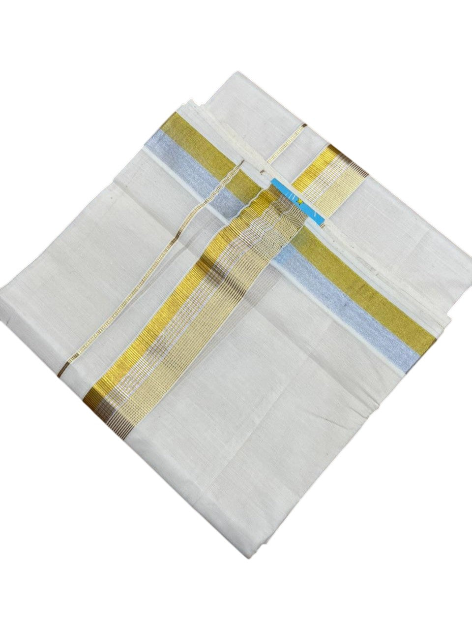 Southloom Pure Cotton Off White Double Mundu with Gold and Silver Kasavu Lines Border (South Indian Kerala Dhoti)