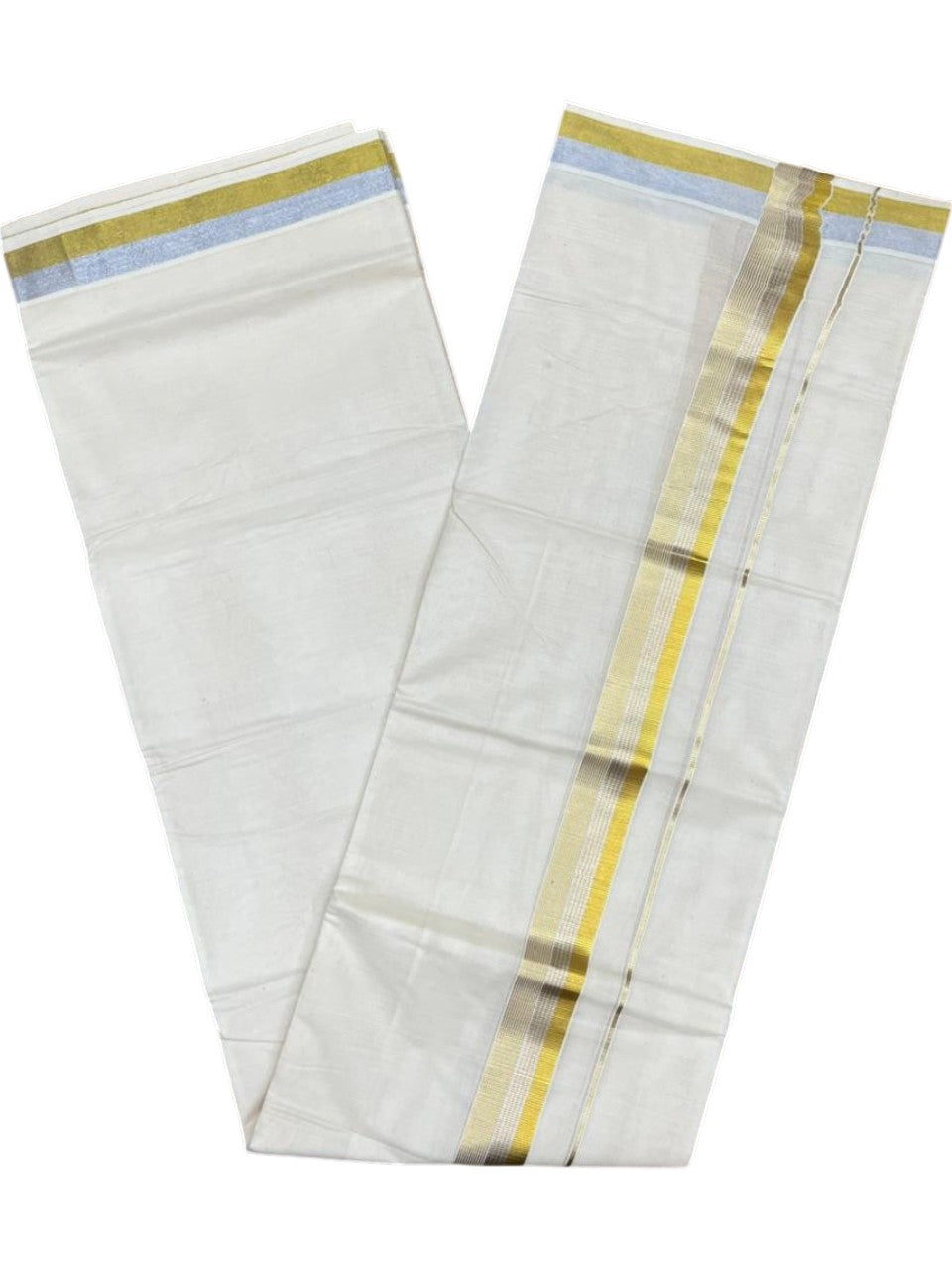 Southloom Pure Cotton Off White Double Mundu with Gold and Silver Kasavu Lines Border (South Indian Kerala Dhoti)
